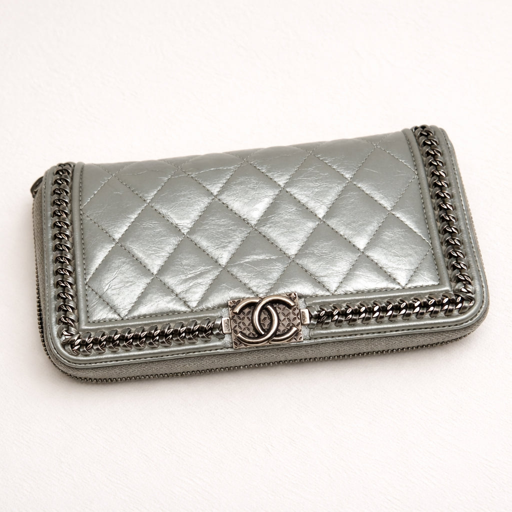 Boy Zip Around Wallet Metallic Grey Calfskin