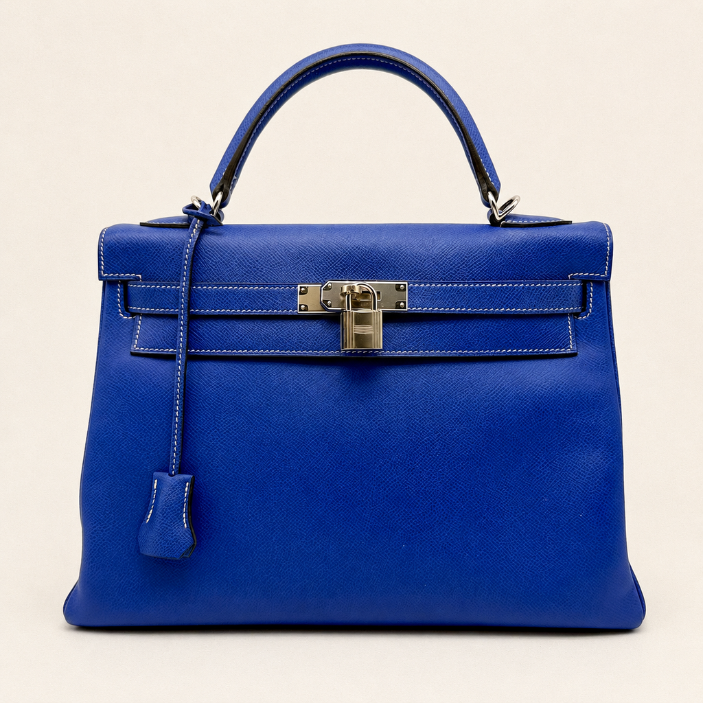Kelly 32 Sellier Bleu Électrique Epsom Leather Palladium Hardware