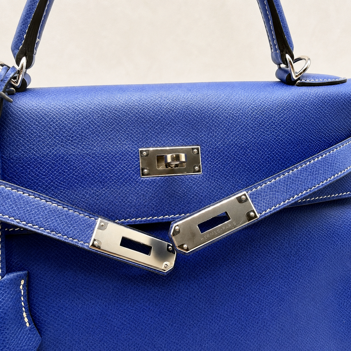 Kelly 32 Sellier Bleu Électrique Epsom Leather Palladium Hardware