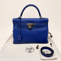 Kelly 32 Sellier Bleu Électrique Epsom Leather Palladium Hardware