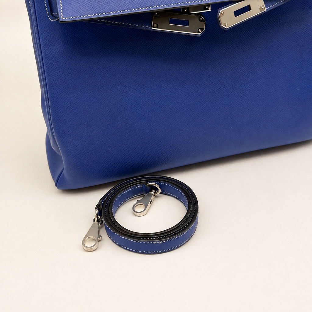 Kelly 32 Sellier Bleu Électrique Epsom Leather Palladium Hardware