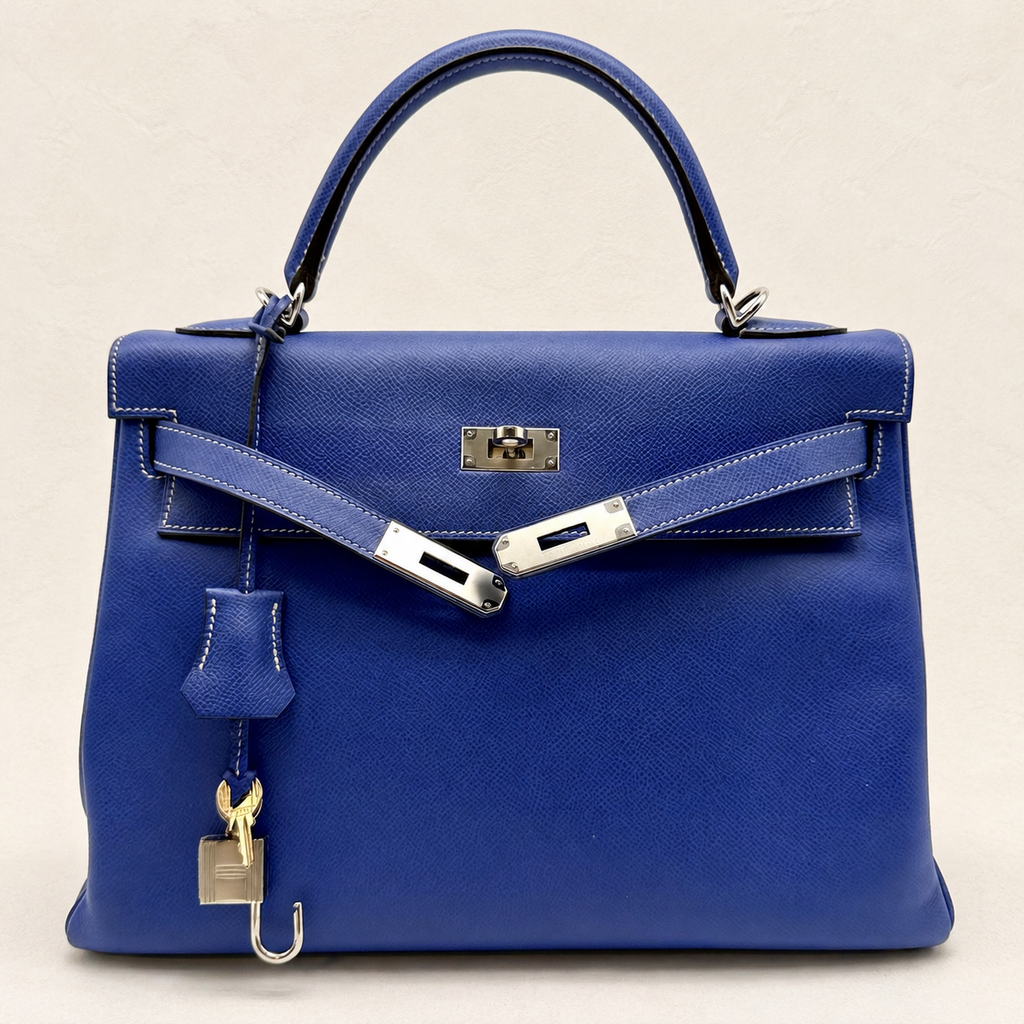 Kelly 32 Sellier Bleu Électrique Epsom Leather Palladium Hardware