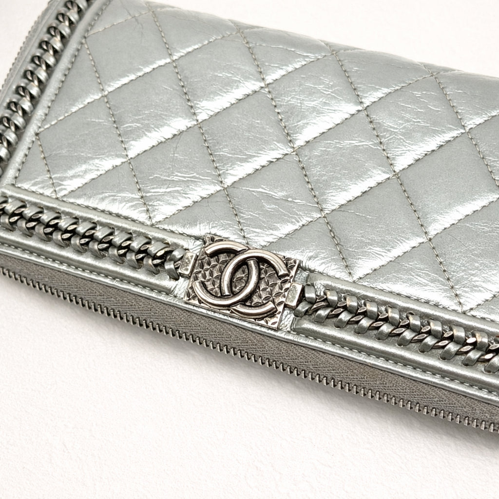 Boy Zip Around Wallet Metallic Grey Calfskin